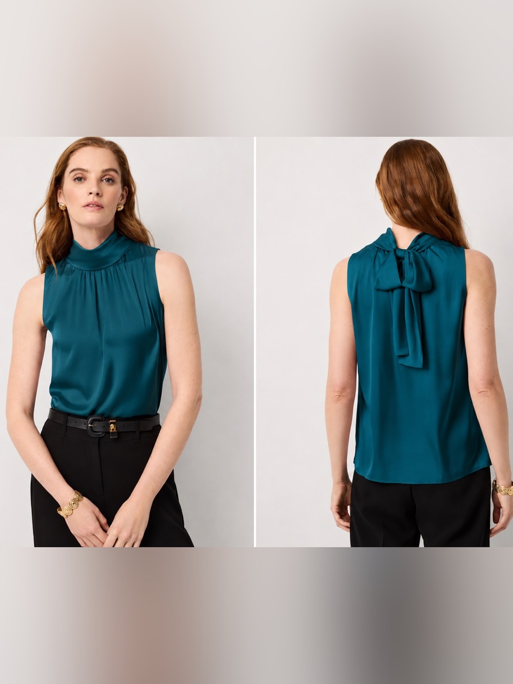 Large WHBM White House black market satin Sleeveless Tie-Back Shell Top teal bow